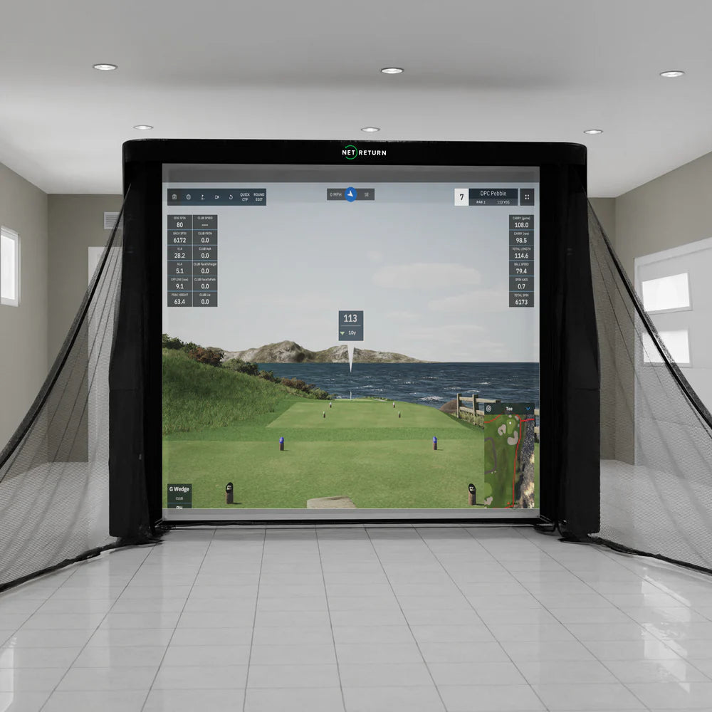 High-quality golf simulator bay with golf impact scree