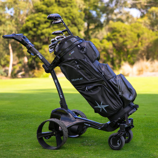 Front view of MGI Zip Navigator AT electric golf caddy with dual swiveling front wheels