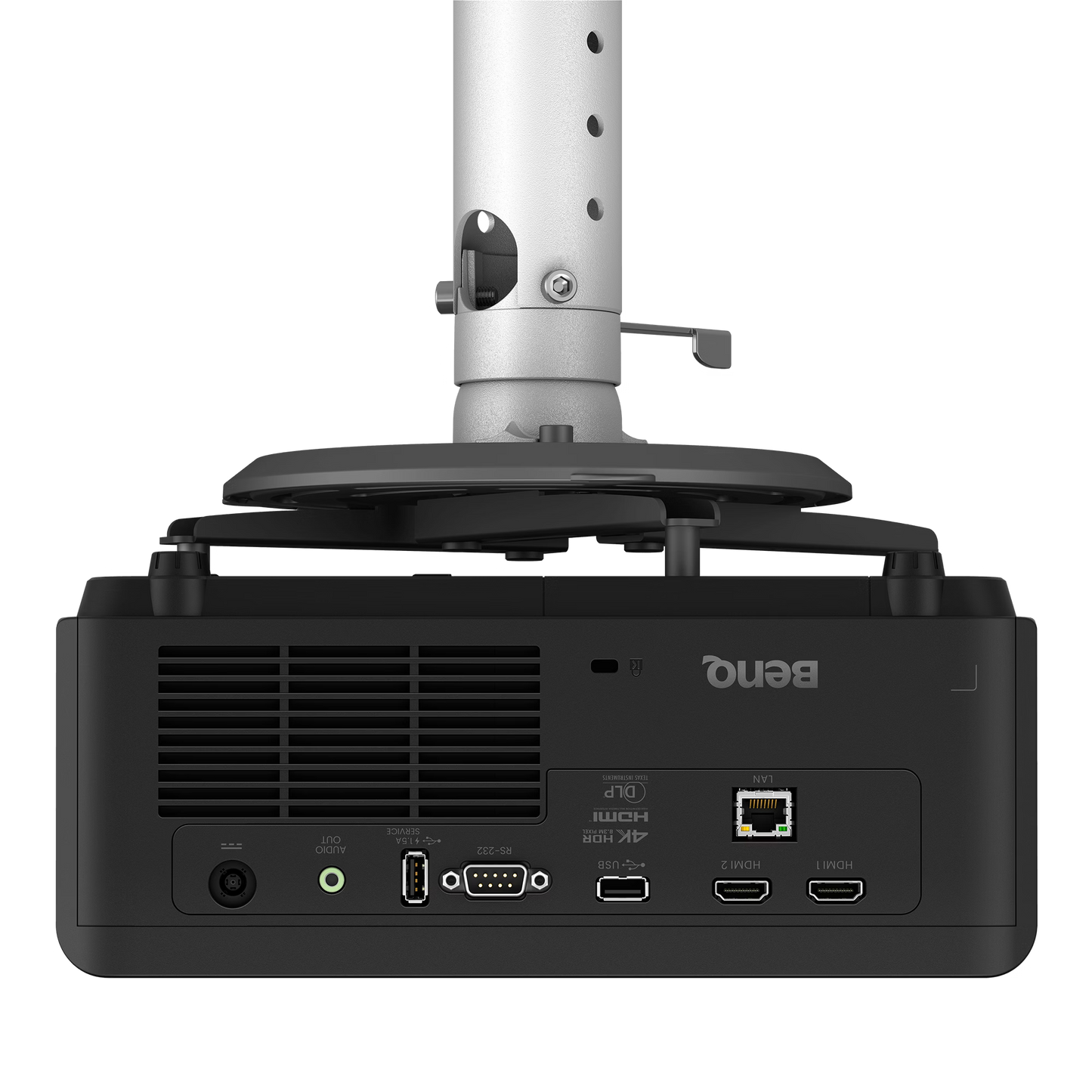 Back view of a BenQ projector with ports and branding.